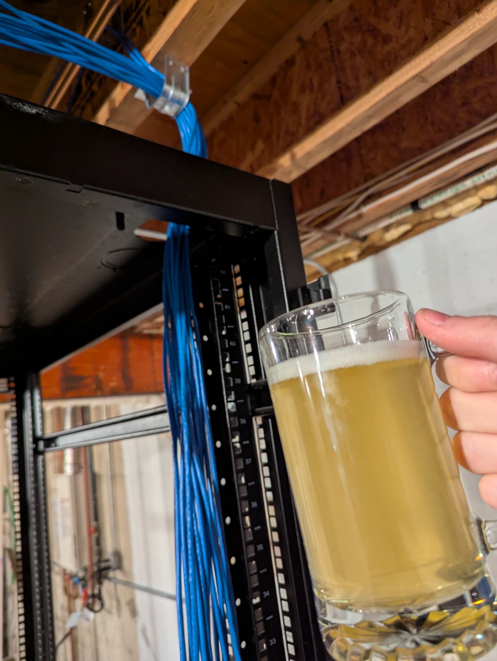 A guy holding a beer in front of CAT6.