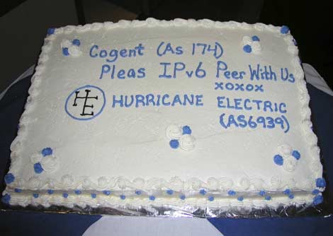 A cake from Hurricane Electric asking Cogent to peer over IPv6.