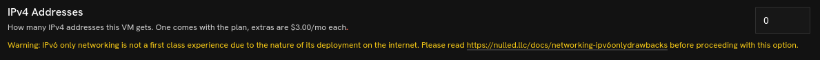 Yellow warning text for zeroing out the IPv4 addresses count in the order form.